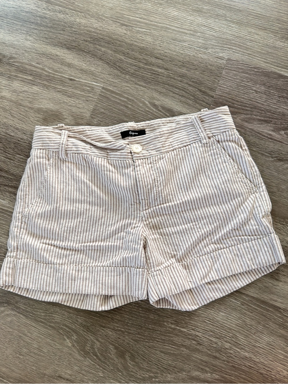 Express Beige and White Striped Cuffed Shorts